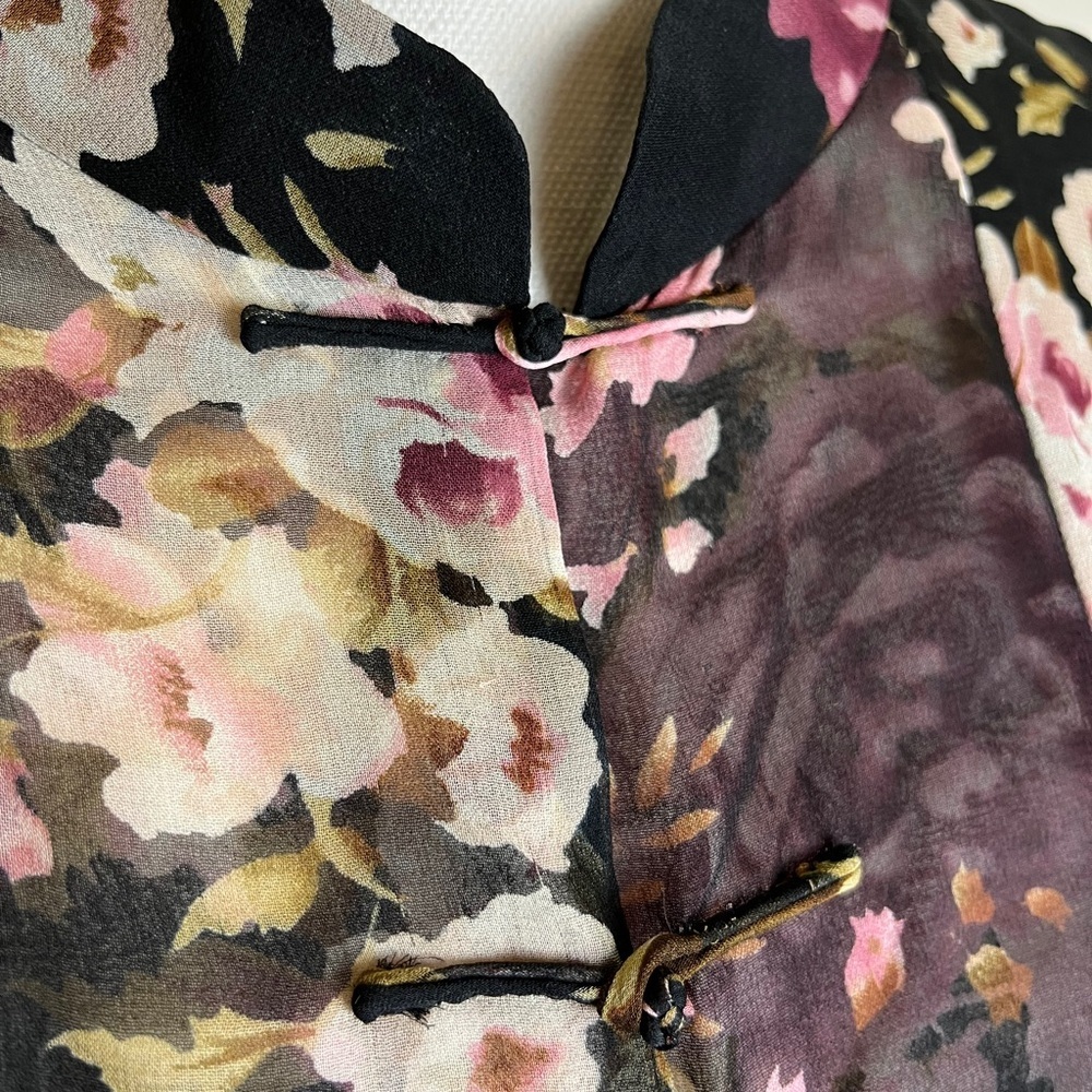 Vintage Silk Floral Blouse 3X Sheer Sleeve Frog Closure Goth Boho - Picture 6 of 12